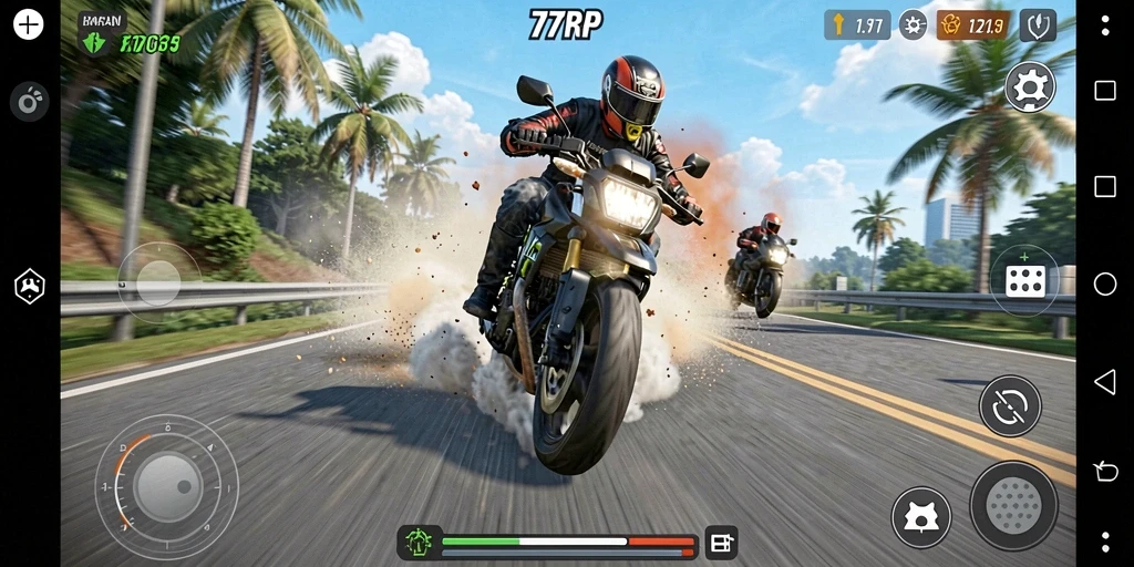 Screenshot gameplay 77RP yang menampilkan balapan motor yang mendebarkan.