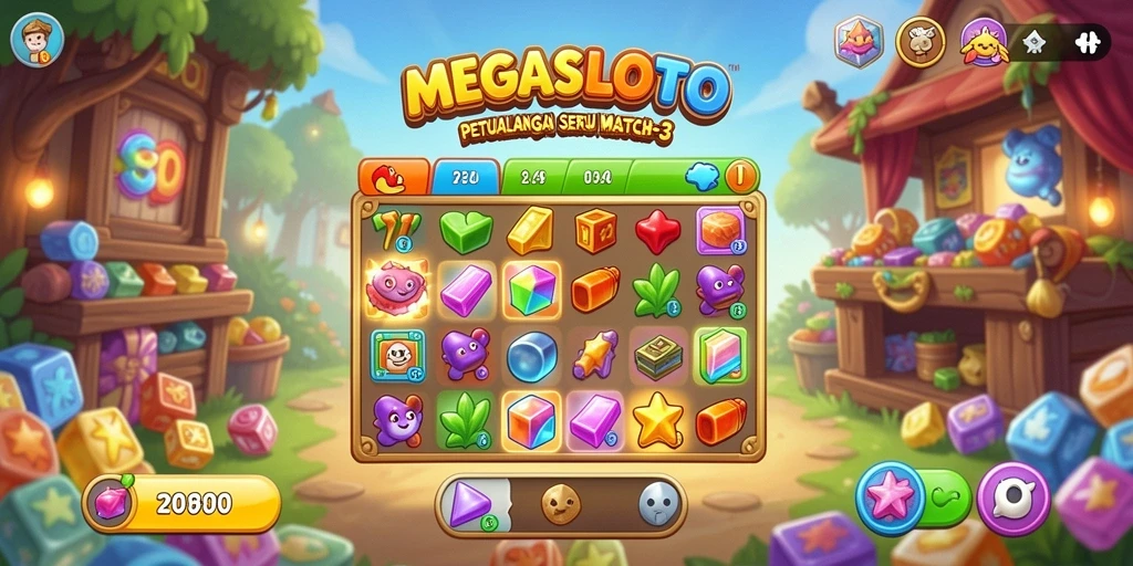Screenshot MEGASLOTO menampilkan kombinasi permata yang seru dalam level Match-3.