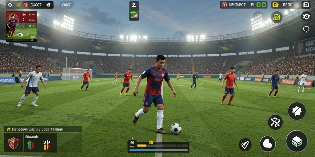 Screenshot gameplay PRG007 menampilkan aksi sepak bola yang dinamis.