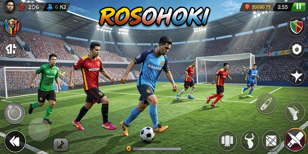 Tampilan gameplay seru dari ROSOHOKI di lapangan sepak bola.