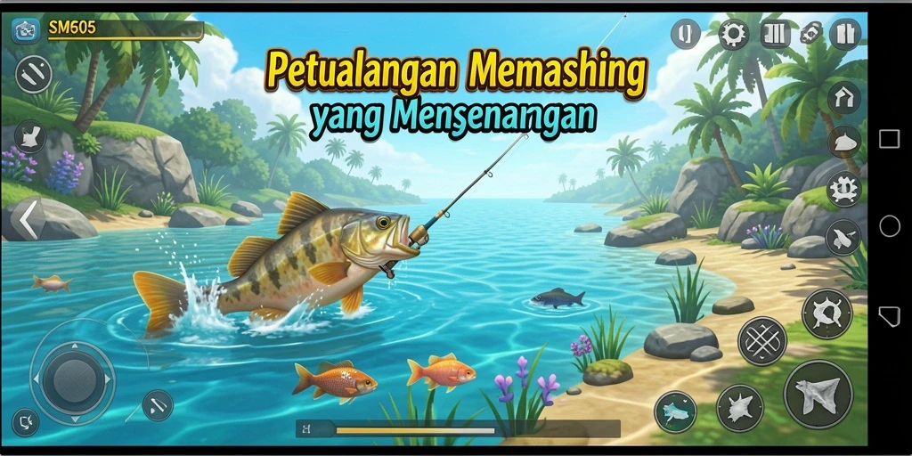 Screenshot utama SM605 menunjukkan aksi seru di dunia memancing.