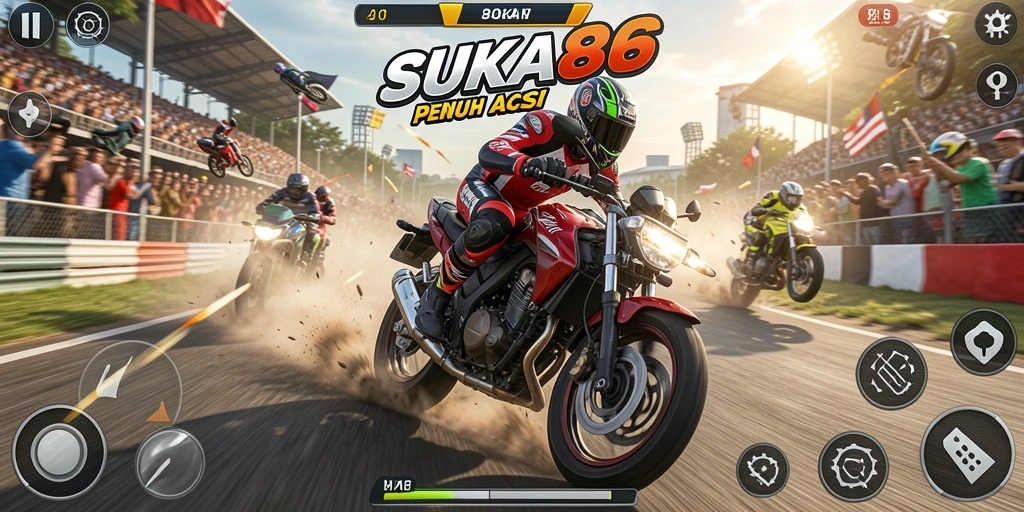 Screenshot utama SUKA86 menampilkan aksi balapan motor yang mendebarkan.