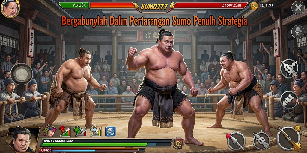 Screenshot SUMO777 menampilkan aksi pertarungan sumo yang intens dan strategis.